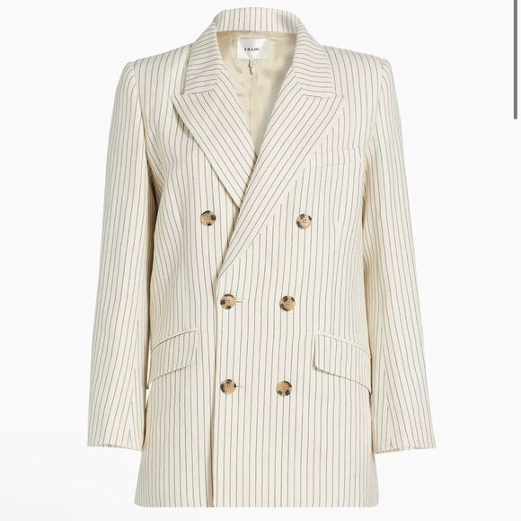 NEW Frame Pinstripe Cotton-Linen Double Breasted Blazer Cream Multi Size 2 - Picture 2 of 14